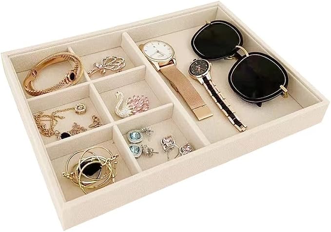 Premium Grade Beige Velvet Jewelry Organization Tray Multifunction 6 Grid Open Tray Drawer Insert Closet Divider Stackable Organizer