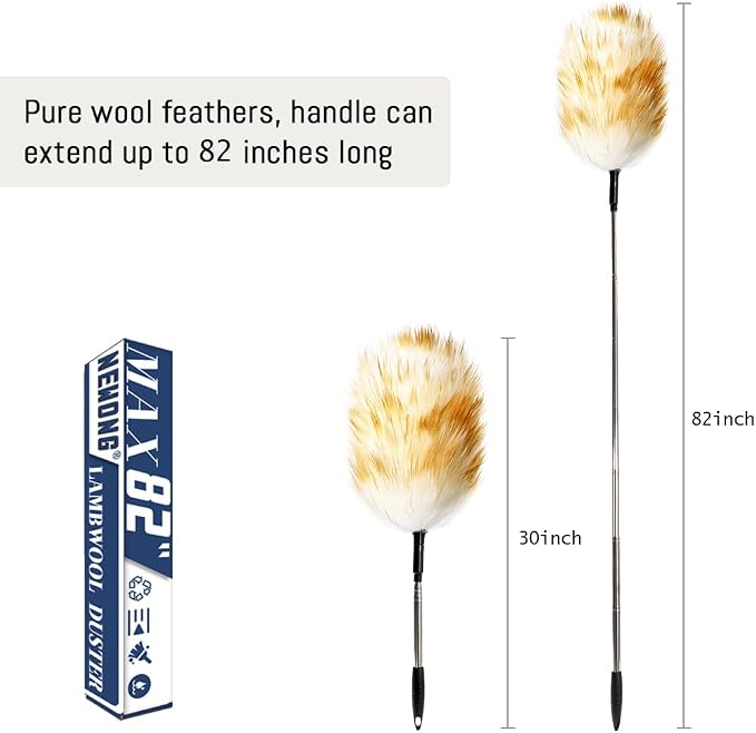 Extendable Lambswool Duster, Up to 82 in, Aluminum Handle | Single duster, Up to 82 in reach, Natural lambswool head, Aluminum handle, Reusable for ceilings, fans and furniture