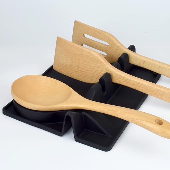 Silicone Utensil Rest with Drip Pad for Stove Top, Large Spoon Holder, Kitchen Utensil Rest (Black)
