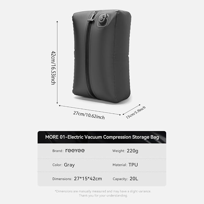 Reeyee Electric Vacuum Compression Bag Kit, 20L Portable Travel Packing Cube with Built-in Pump, Type-C Rechargeable, Odor & Waterproof Anti-Rip TPU, Saves 60% Space Storage bags (2, Gray)