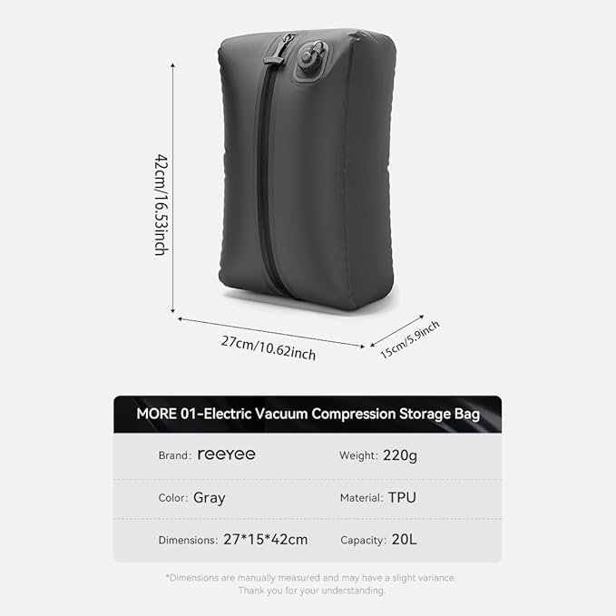 Reeyee Electric Vacuum Compression Bag, 20L Portable Travel Packing Cube with Built-in Pump, Type-C Rechargeable, Waterproof TPU, Saves 60% Space (1, Yellow)