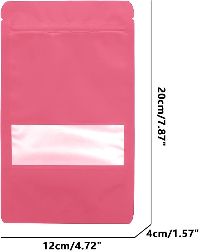 100PCS Foil Pouch Mylar Bags with Clear Window,ULIFESTAR Stand Up Sealable Bags with Tear Notches,Resealable for Food,Party Favors,Gift Packaging and Small Business(12 * 20cm/4.72 * 7.87",Pink)