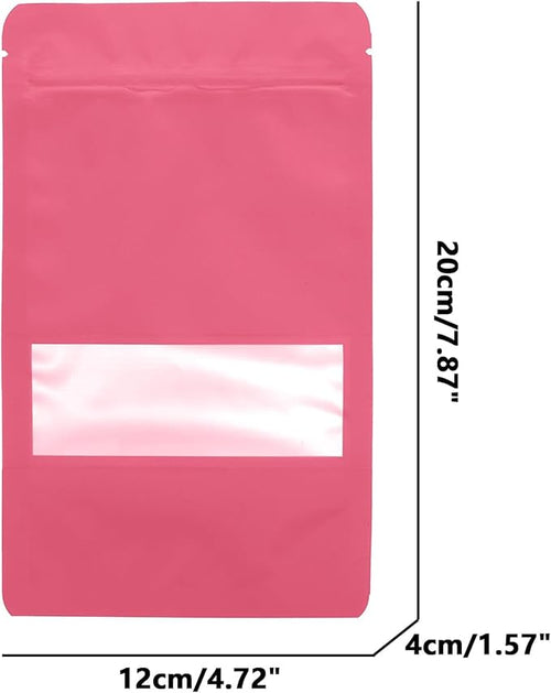 100PCS Foil Pouch Mylar Bags with Clear Window,ULIFESTAR Stand Up Sealable Bags with Tear Notches,Resealable for Food,Party Favors,Gift Packaging and Small Business(12 * 20cm/4.72 * 7.87",Pink)