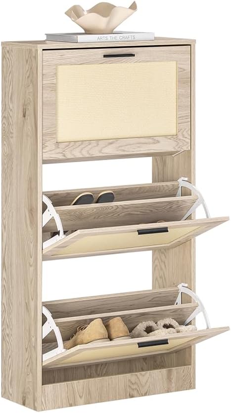 SoBuy Shoe Cabinet for Entryway | Freestanding Shoe Rack, Shoe Organizer 3 Drawers, Narrow Slim Hidden, Natural Wood Color, FSR170-H-N
