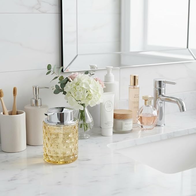 10 Oz Glass Hand Soap Dispenser with Pump, Refillable Bathroom Gold Foaming Soap Dispenser, Vintage Glass Diamond Lotion Container Bottle for Bathroom and Kitchen (1, Amber and Silver)