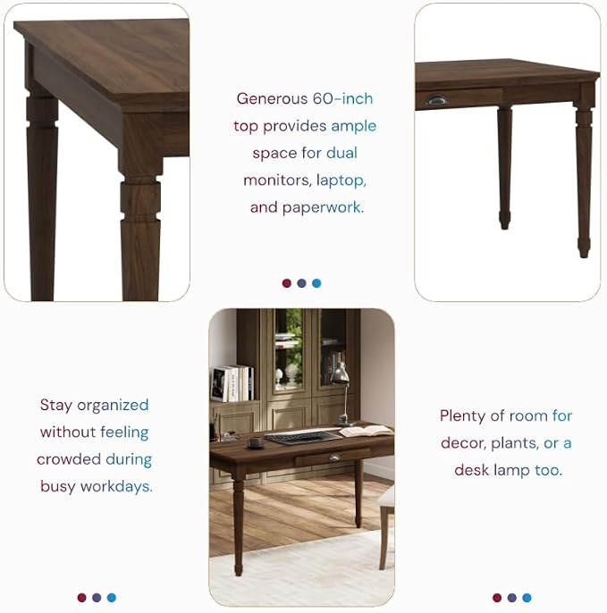 Polibi 60" Farmhouse Writing Desk with Drawer Keyboard Tray (Chestnut) | Turned Legs, Quick Assembly, Pre-Assembled Top, For Home Offices, Writing, Computer Workstations.