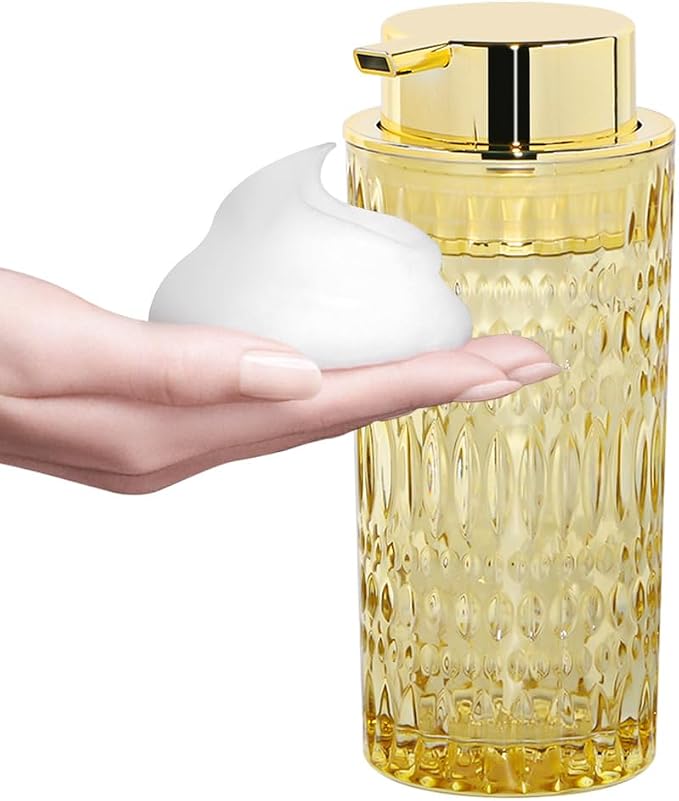Foaming Soap Dispenser, Amber Glass Soap Dispenser, 14 Oz Refillable Foam Soap Dispenser Pump Bottle Container for Bathroom Kitchen Countertop Decor