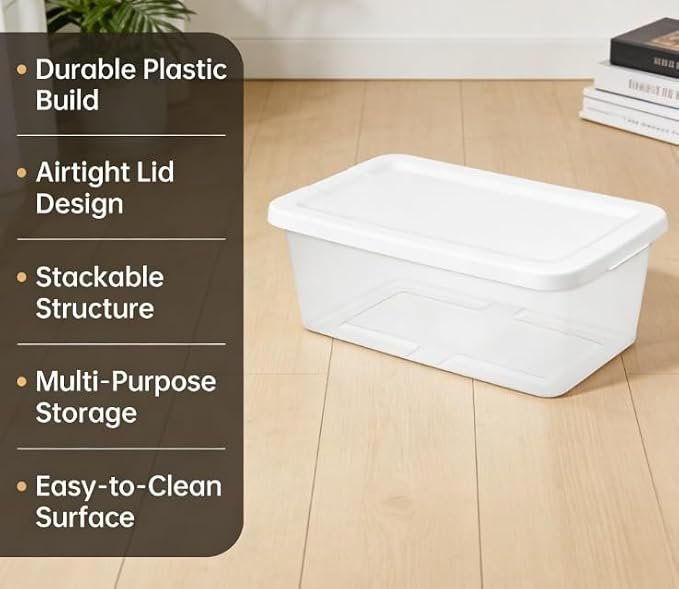 A set of 10 stackable 6-quart clear storage boxes, white snap-on lid plastic storage boxes, modern style, sturdy and durable, suitable for wardrobes and shelves.
