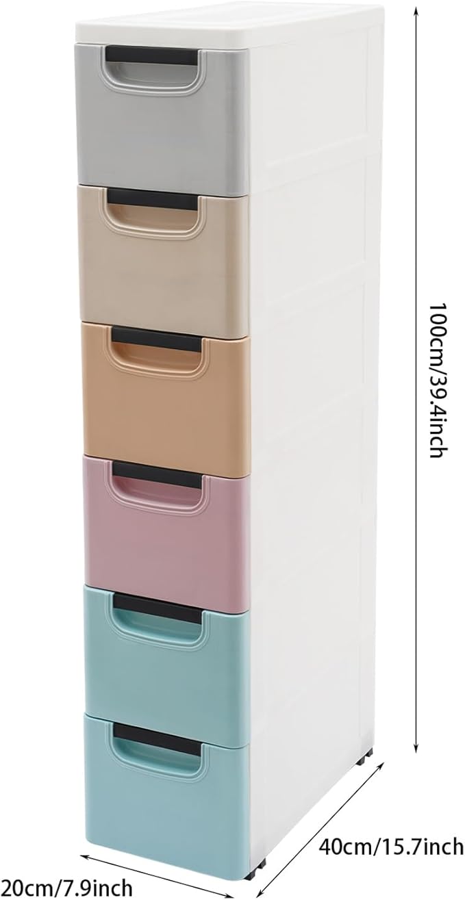 6 Drawers Narrow Storage Cabinet, Stackable Plastic Storage Tower Slim Utility Organizer for Kitchen Bathroom Living Room Office (Multicolor)