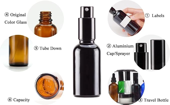 YIZHAO Black Glass Spray Bottles 1oz, with Small Fine Mist Spray, Metal Cap, Refillable for Essential Oil,Travel,Cleaning,Perfume,Aromatherapy,Makeup – 12 Pcs