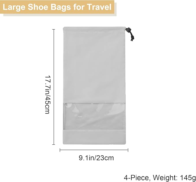 4 Pcs Single Shoe Bags for Travel, 9.1"x17.7" Drawstring Shoe Travel Bags with Clear TPU Window, Travel Organizer for Suitcase (Grey)