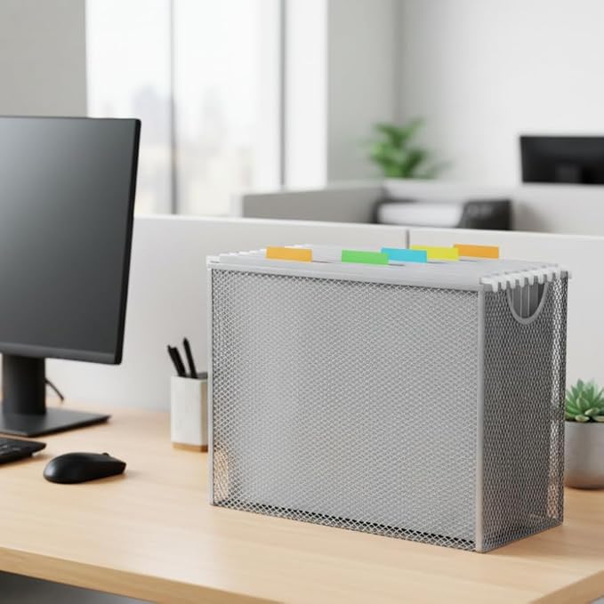 Hanging File Organizer, Letter-Size File Holder Filing Box with 5 Hanging Folders, Metal Mesh Desk File Folder Storage(No Assembly Required) (Silver, with 5 Grey Folders)