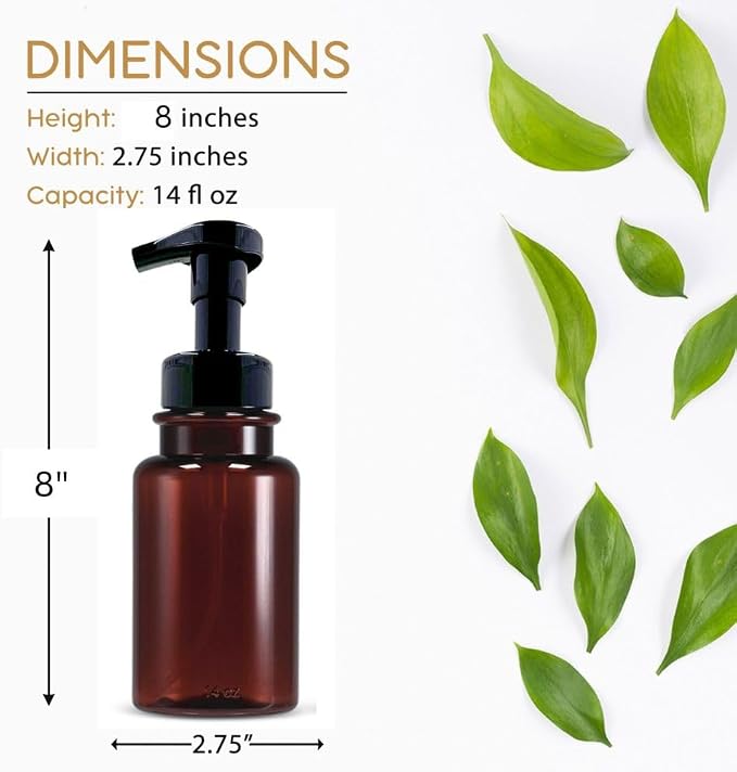 14 oz Plastic Foaming Soap Bottle Dispensers (2 Amber/Black) | wide opening, easy refills, for foam soap, refillable, reusable, set of 2, thick plastic