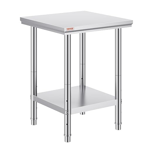 Vevor Stainless Steel 24 x 24 x 32 Inch Commercial Kitchen Prep & Work Table Heavy Duty Metal Work Table with Adjustable Feet for Restaurant, Home and Hotel