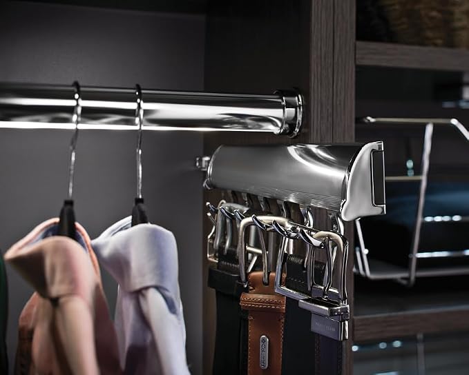 TAG Hardware Designer 6-Hook Expandable Valet Belt Rack, 13.75-Inch Extendable Wardrobe Closet Organizer Rod (Polished Chrome)