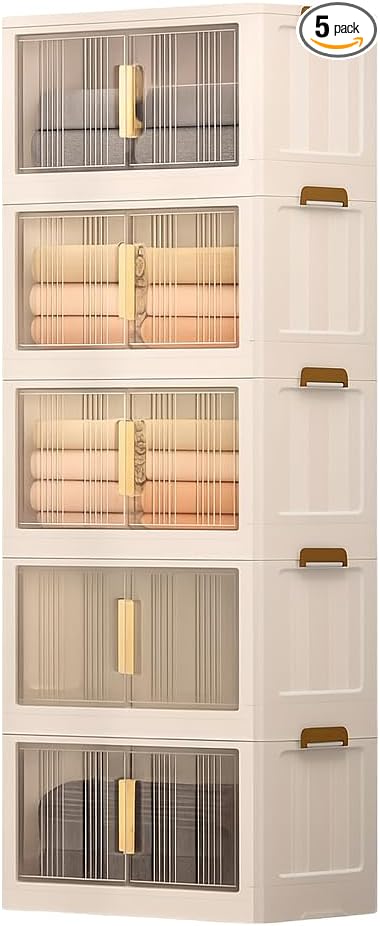 Storage Bins with Lids, 5 Tier 425 QT Stackable Plastic Storage Bins, Foldable Storages Boxes with Magnetic Doors and Wheels for Clothes, Snacks, Books, Folding Containers for Home Office