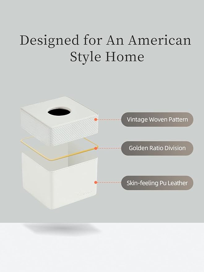 Tissue Box Holder Cover Square, Modern PU Leather Decorative Tissue Cube Holder Organizer-Woven White