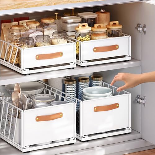 2 Pack Carbon Steel Pull Out Cabinet Organizer, Heavy Duty Slide Out Pantry Shelves, Foldable Mesh Basket for Kitchen, Bathroom, Wardrobe Storage Solutions