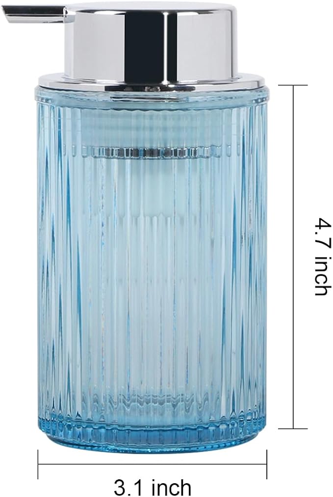 Foaming Soap Dispenser, Bathroom Blue Glass Foam Soap Dispenser, Refillable 12 Oz Foam Pump Bottle Container with Pump, Decorative Slim Ribbed Dish Soap Dispenser for Kitchen