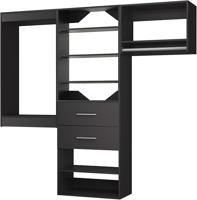 ROOMTEC Modular Closet System, 90" Wall Mounted Modern Closet Organizer with Hanging Rods and Drawers, Wooden Tower for Walk-In Closets, Wardrobe Storage Kit, Black