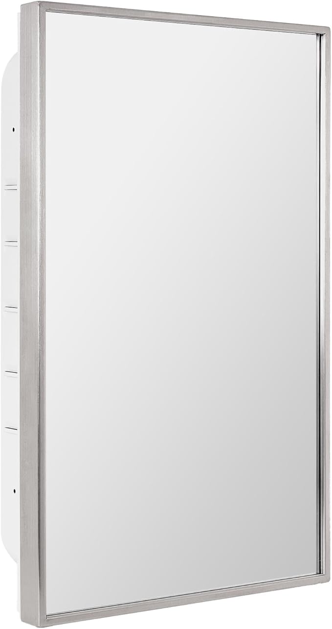 Head West Brushed Chrome Recessed Medicine Cabinet Mirror, Bathroom Wall Mount Storage Organizer with Glass Shelves - 16" x 26"