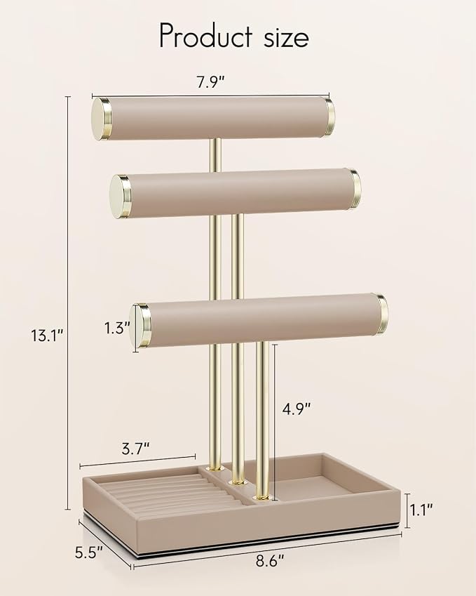 VLANDO 3 Tier Bracelet Holder Organizer with Tray - Leather Jewelry Stand Organizer for Women - Jewelry Holder Display for Necklace, Watches, Rings, Earrings, Bangle, Scrunchie - Toffee