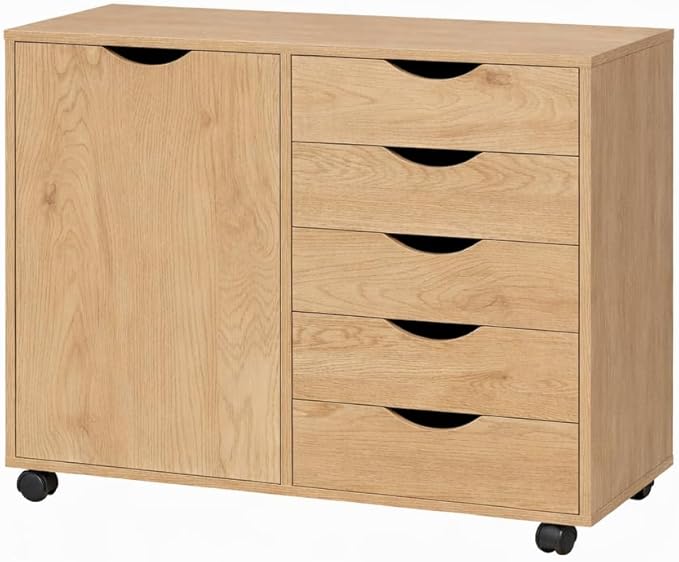 Naomi Home Wooden 5 Drawer Dresser with Cabinet Shelves and Wheels, Drawer Dresser for Bedroom Closet and Dressing Room Storage in Natural