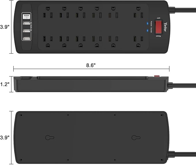 10 Feet Extension Cord Power Strip, Yintar Surge Protector with 12 AC Outlets and 4 USB Ports, 2700 Joules, ETL Listed, Black