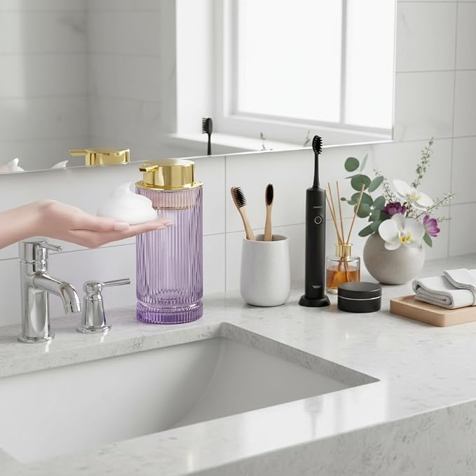 Foaming Soap Dispenser, 14 Oz Glass Foam Hand Soap Dispenser with Gold Pump, Purple Bathroom Refillable Liquid Lotion Pump Container Ribbed Bottle for Kitchen Countertop Decor