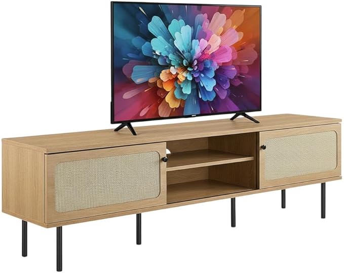Furnifact White Wood TV Stand, Contemporary Living Room Media Console with Ample Storage Space, Sturdy Construction and Clean Modern Design