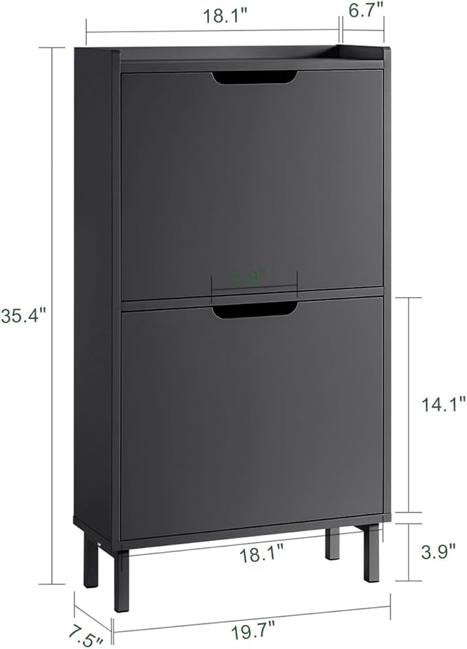 Haotian Slim Shoe Cabinet Entryway | Hidden Shoe Storage with Two Flip Drawers to Save Space, Freestanding Shoe Rack for Front Door, Entryway, Hallway (Black)