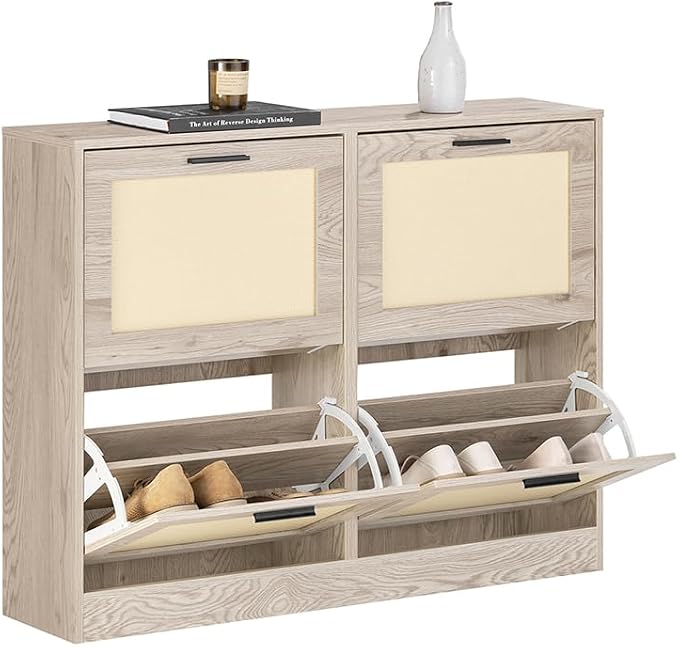 SoBuy Shoe Storage Cabinet for Entryway | Freestanding Shoe Organizer Cabinet 4 Drawers, Narrow Slim Hidden Shoe Rack, Natural, FSR170-N