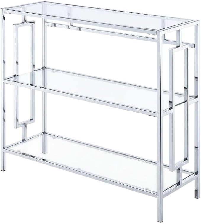 Furnifact Chrome 3-Tier Bookcase with Stylish Glam Design, Clear Glass Shelves, Durable Chrome Frame, Suitable for Modern Home Decor