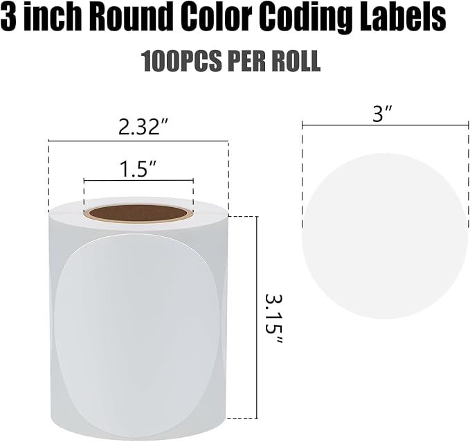 Hybsk White Permanent Color-Code Dot Stickers Round Semi Gloss Paper Stickers Adhesive Label (3 inch)