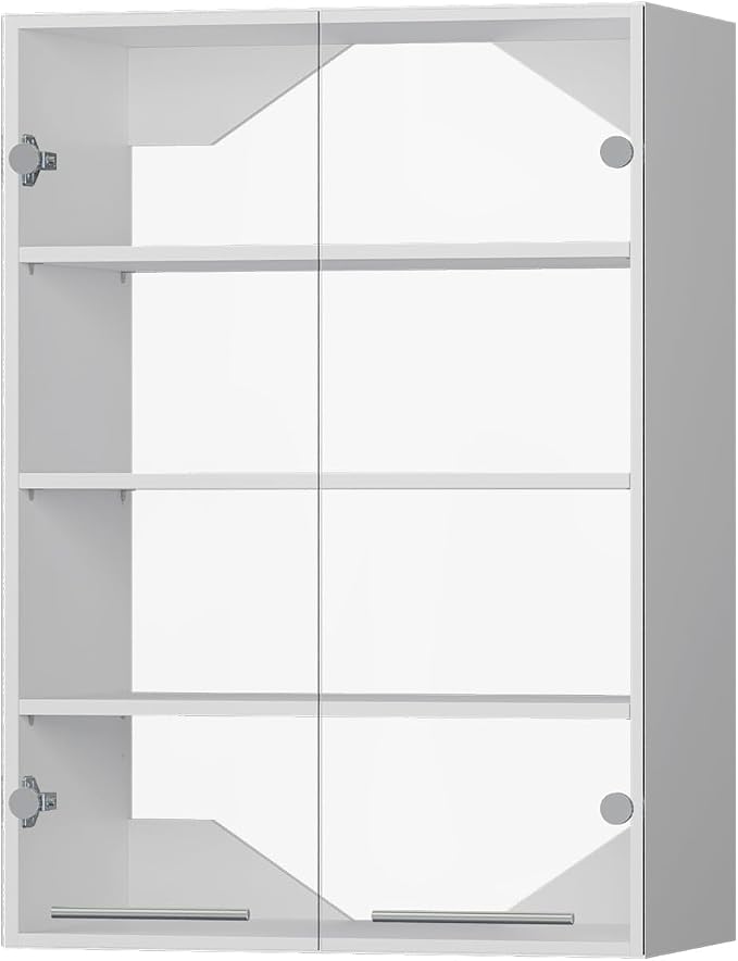 ROOMTEC 31.5" Shlef Tower Wardrobe Closet with Clear Glass Doors, Wall Mounted Modular Closet System, Clothes Storage Unit for Bedroom or Walk-in Closet, White