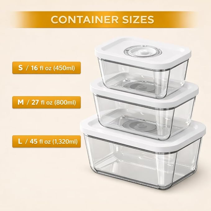 Glass Vacuum Seal Containers for Food Storage (3pcs set) | Works with most Handheld Vacuum Sealer