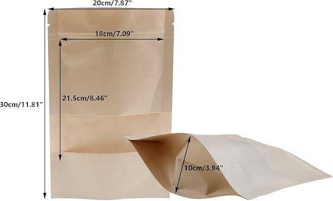 Kraft Paper Zipper Pouches,ULIFESTAR Kraft Stand Up Zip Lock Pouch Bags,100PCS Resealable Bag with Transparent Window and Tear Notch Resealable Bag for Small Business HomeUse,7.9"*11.8"(20*30cm+5cm)