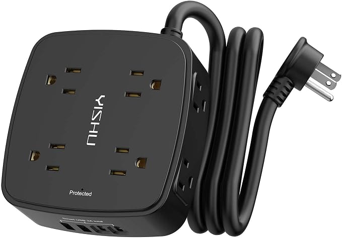 5Ft Surge Protector Power Strip - 8 Widely Outlets with 4 USB Ports, 3 Side Outlet Extender with 5 Feet Extension Cord, Flat Plug, Wall Mount, Desk USB Charging Station, ETL,Black