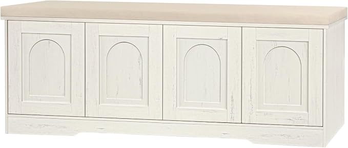 DINZI LVJ Shoe Bench, Entryway Storage Bench with Doors, Cushion, 2-Tier Shoe Rack with 8-Cubby, 47.2”L x 13.8”W Farmhouse Shoe Organizer Cabinet, Adjustable Shelf, Living Room, Bedroom, Rustic White