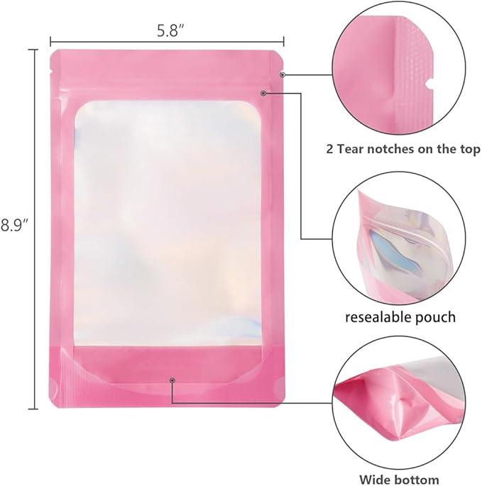 LZLPACKING 100 Pieces Smell Proof Mylar Bags Resealable Packaging Pouch Bags with Clear Window for Food Storage,stand up mylar bags,Lipgloss,Eyelash Jewelry Electronics Storage(Pink/6×9 Inch)