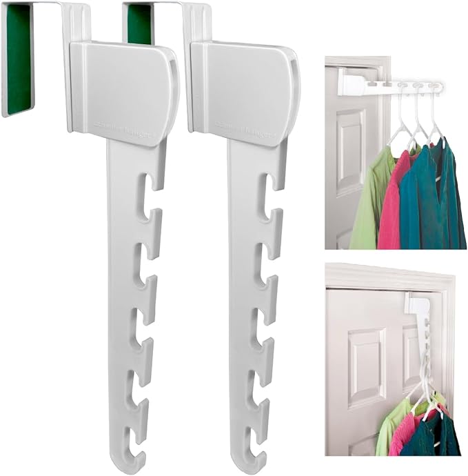 Wonder Hanger 2-Pack Over-the-Door Cascading Hanger Hooks, White | Create extra hanging space over any door with 2 cascading organizer hooks—ideal for clothes, closets, bedrooms and dorms.