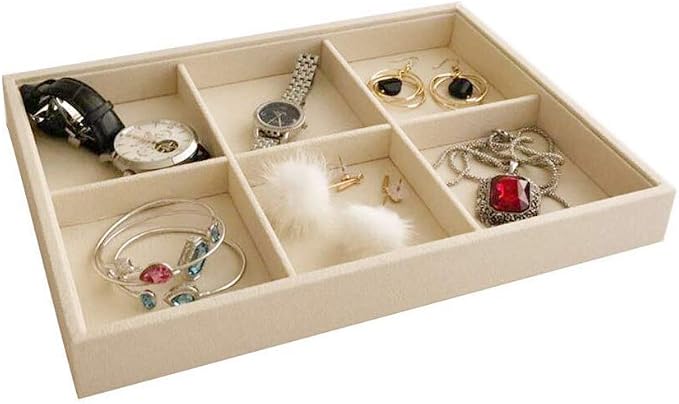 Beige Jewelry Organizer Tray 6 Compartment Medium, Stackable Display Tray for Watches Earrings Bracelets Necklaces, Removable Dividers, Slim Drawer Insert, Dressing Table Vanity Home Retail