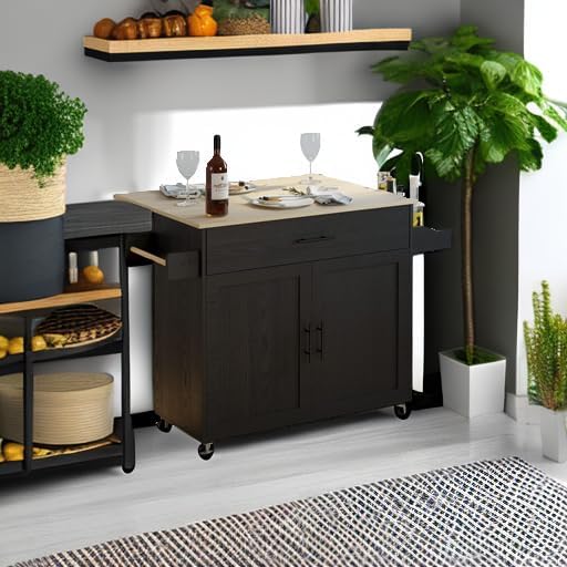IRONCK Rolling Kitchen Island Cart with Drop-Leaf and Wine Rack, Black | Wheels, Drawers, Open Shelves, Adjustable Shelves, and Spacious Drawer Storage