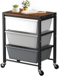 Rolling Cart with 3 Drawers, Plastic Drawer Storage Carts with Lockable Wheels & Wooden Tabletop, Metal Utility Cart Organizer, Office Bedroom Classroom Craft Organization and Storage, Dark Grey