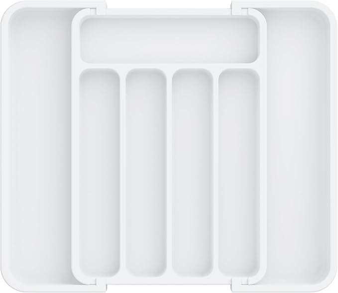 Aujen Silverware Organizer - Expandable Kitchen Drawer Organizer, Adjustable Utensil Organizer, Cutlery Tray for Forks, Knives, Multipurpose Kitchen Organizers and Storage Solution, White, Medium