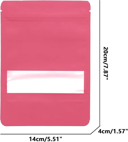 100PCS Foil Pouch Mylar Bags with Clear Window,ULIFESTAR Stand Up Sealable Bags with Tear Notches,Resealable for Food,Party Favors,Gift Packaging and Small Business(14 * 20cm/5.51 * 7.87",Pink)