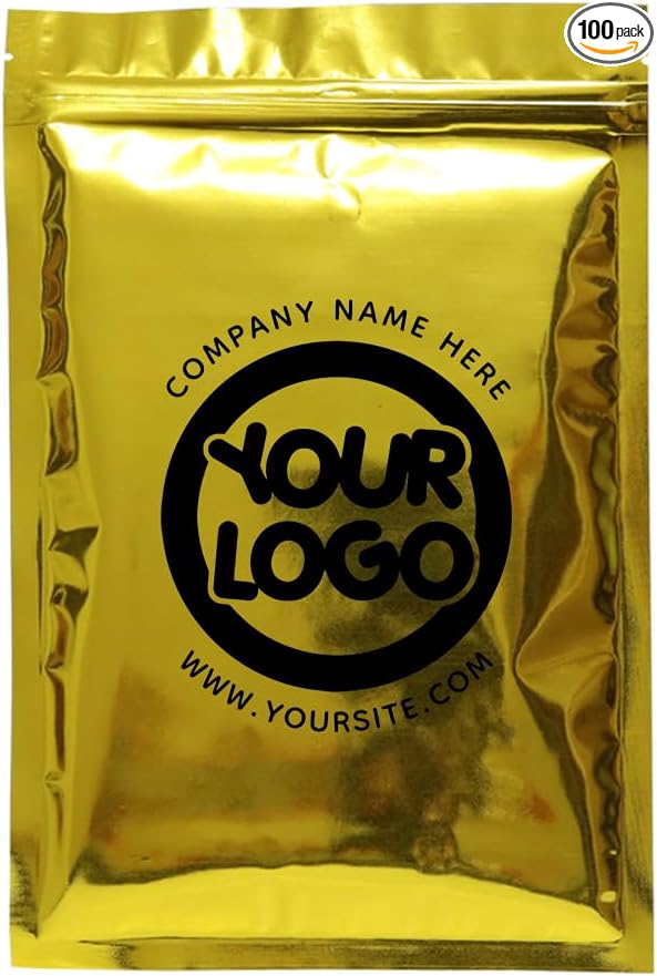 100PCS Customized Resealable Mylar Bag Foil Flat Packaging Bag with Tear Notch,Single-Color Printing for LOGO,QR Code,Text (Gold, 12 * 20CM/4.7"*7.9-100PCS-One Color Print)