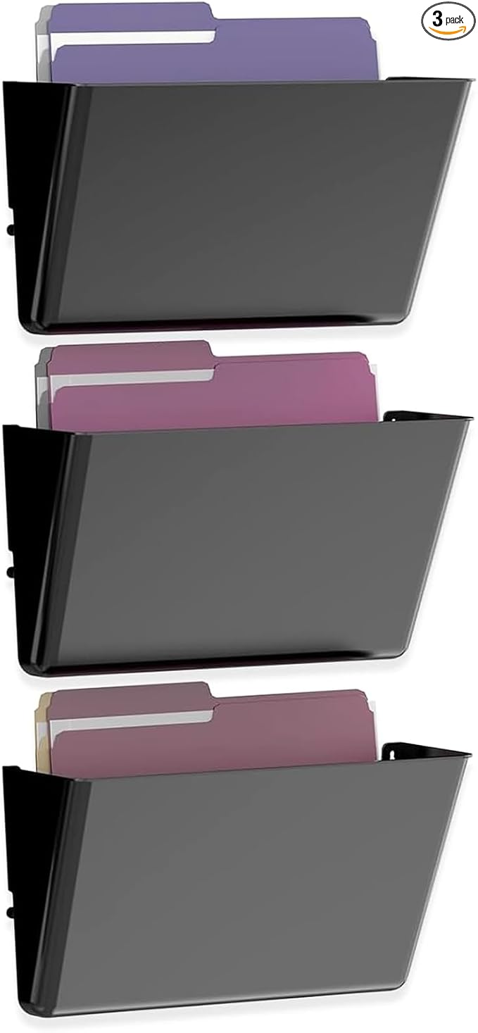 MINDEPOT 3 Pockets Acrylic Wall File Organizer, Clear Wall File Holder, Plastic Hanging Wall File Holder for Office, School and Home, Black