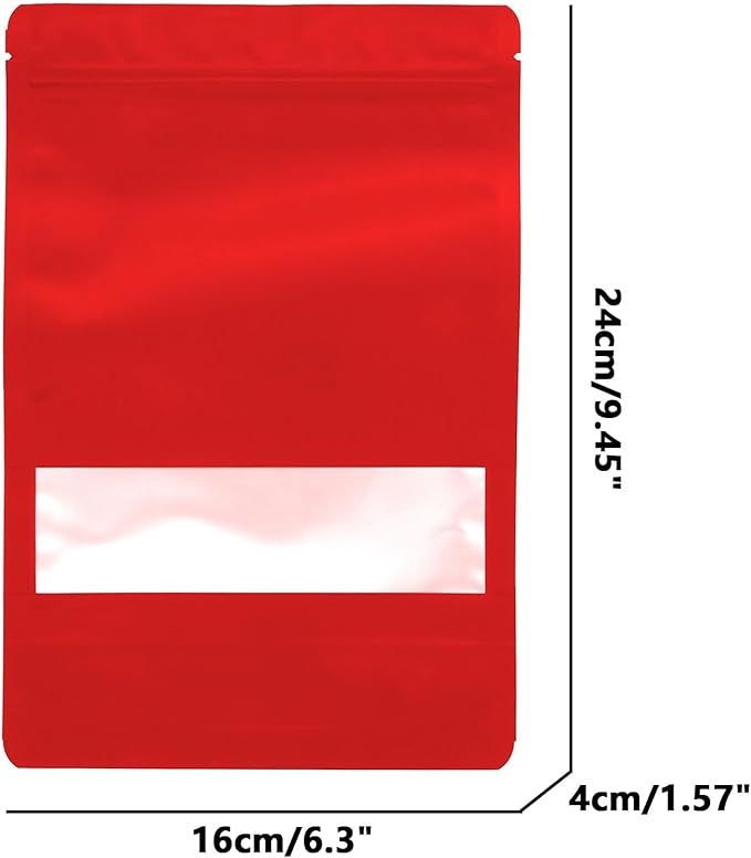 100PCS Foil Pouch Mylar Bags with Clear Window,ULIFESTAR Stand Up Sealable Bags with Tear Notches,Resealable for Food,Party Favors,Gift Packaging and Small Business(16 * 24cm/6.3 * 9.45",Red)