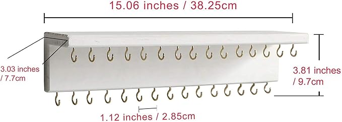 SANY DAYO HOME Jewelry Organizer with 30 Hooks and Cosmetics Shelf, 15 x 3 x 4 inches Wall Mounted Rustic Pine Wood Holder for Necklaces and Bracelets, Suitable for Kids and Adults (Retro White)